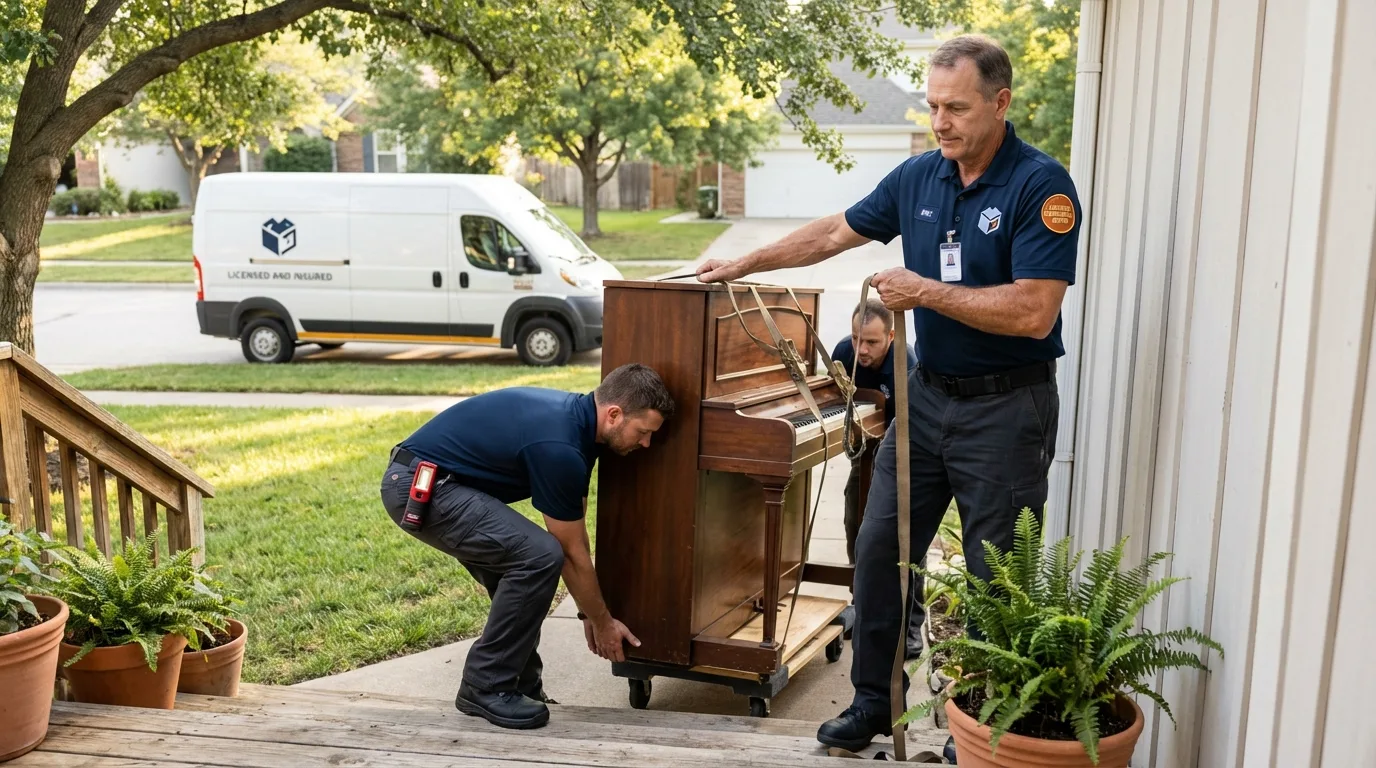 Licensed piano movers securing grand piano in Lake Saint Louis, MO