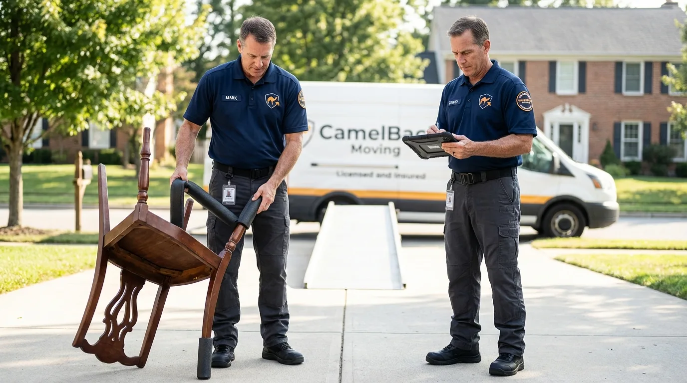 Movers inspecting furniture for damage prevention before loading in Lake Saint Louis, MO