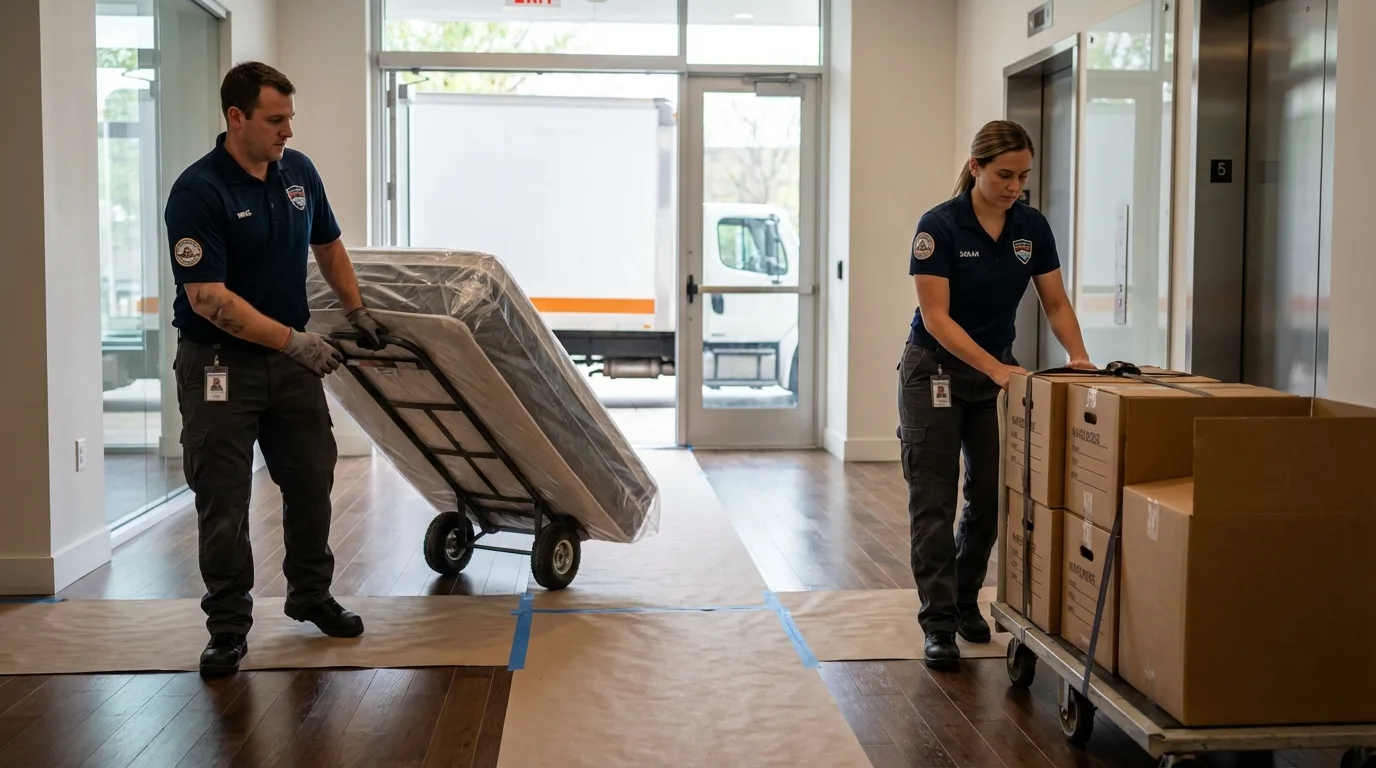 Professional apartment movers loading elevator in Lake Saint Louis, MO